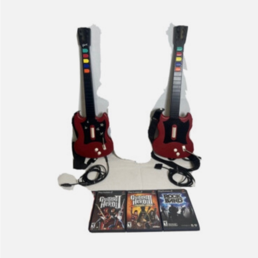 Red Guitar Hero / Rock Band Wired Controllers with Games Bundle